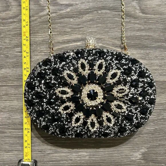 NEW Ramla Bejeweled Crystal Evening Bag Black Gold Chain Strap Top Handle Prom - Picture 6 of 11